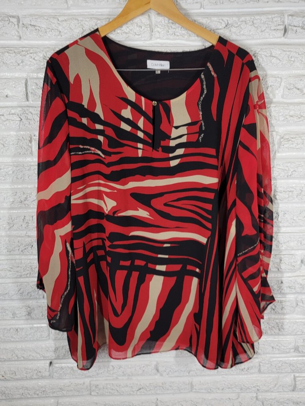 Calvin Klein Womens Tunic 3X Plus Red Black Watercolor Deco Blouse WAT96E